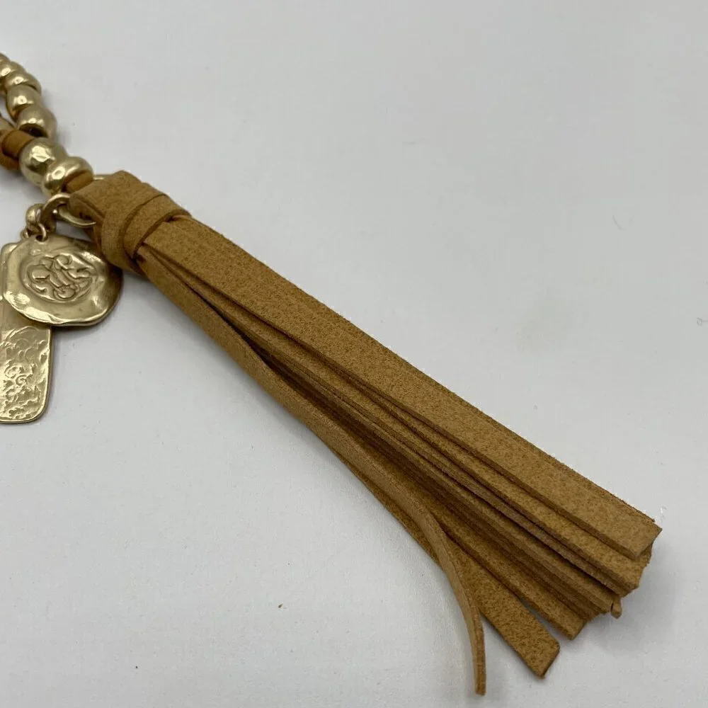 NWOT Chico's White And Gold-Tone Bead Faux Suede Tassel Wen Pendant Necklace